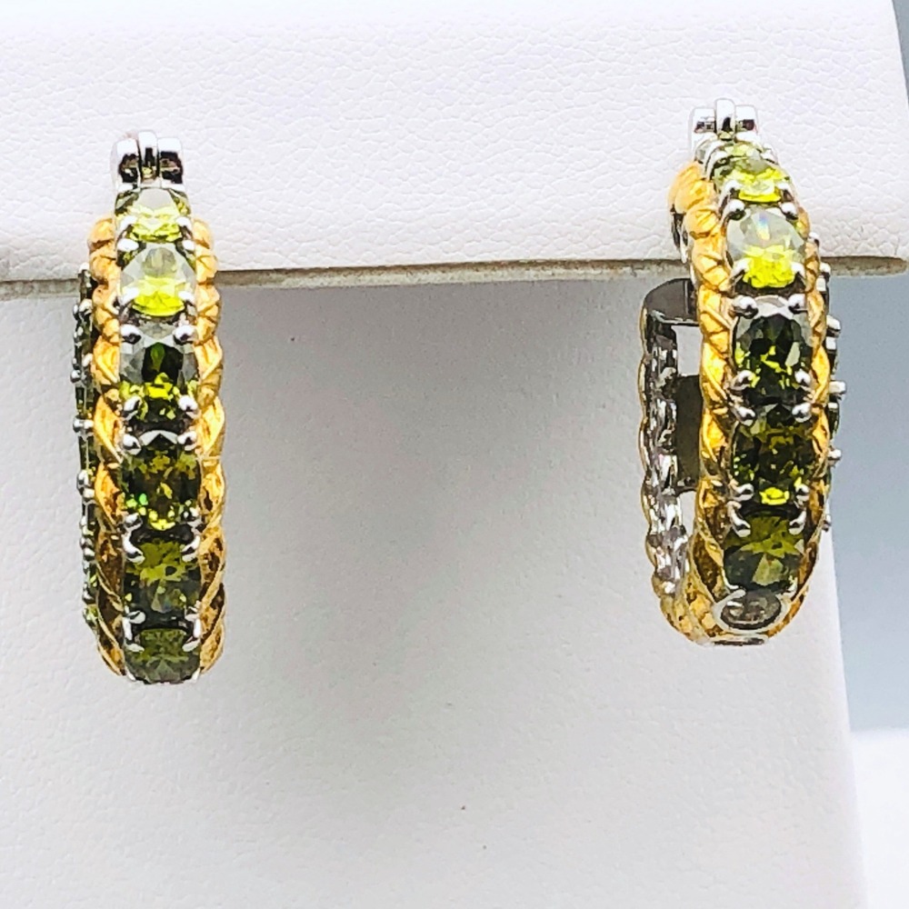 Karis Hoop Earrings Simulated Peridot Green Gold Tone Silver Tone Mixed Metal - Picture 3 of 10